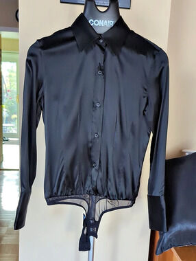 Moda International Satin Long Sleeve Bodysuit in Black Size Small Like New